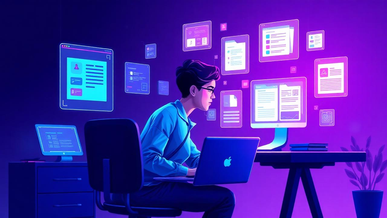 Student working with an autonomous AI agent managing assignments, calendar, and research on holographic screens